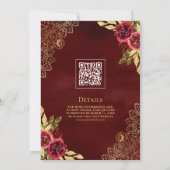 Red Maroon Floral Gold Lace QR Code Muslime Hochze Einladung (Rückseite)