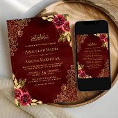 Red Maroon Floral Gold Lace QR Code Muslime Hochze Einladung