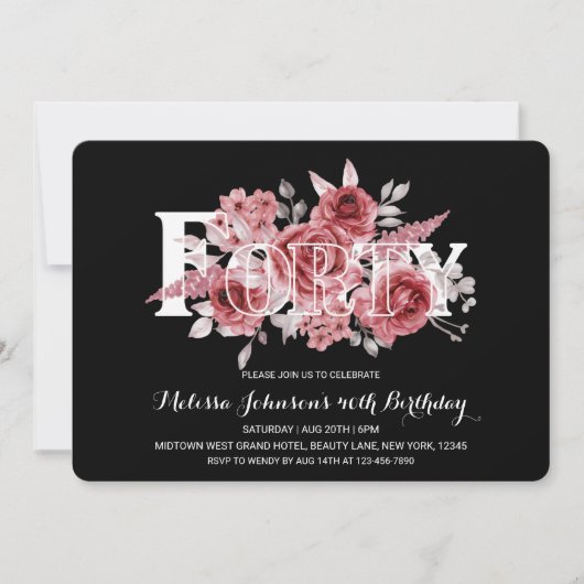 Red Maroon Greenery Floral 40. Black Birthday Einladung (Vorderseite)