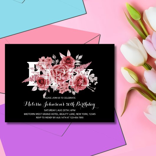 Red Maroon Greenery Floral 50. Schwarzer Geburtsta Einladung