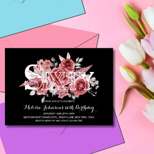 Red Maroon Greenery Floral 60. Schwarzer Geburtsta Einladung