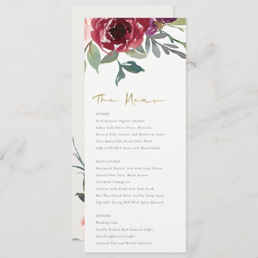 RED MARSALA BLUSH ROSE WATERCOLOR FLUSSBREITE MENÜKARTE (Vorne/Hinten)