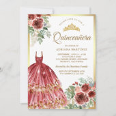 Red Marsala Floral Dress Gold Quinceanera Einladung (Vorderseite)