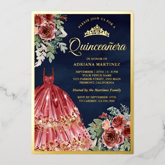 Red Marsala florales Kleid Quinceanera Navy Gold Folieneinladung (Vorderseite)