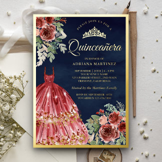 Red Marsala florales Kleid Quinceanera Navy Gold Folieneinladung