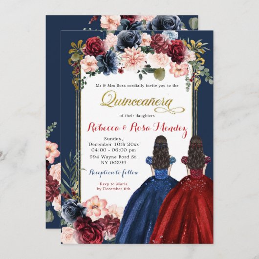 Red Marsala Navy Blue Floral Twins Quinceñera Einladung (Vorne/Hinten)