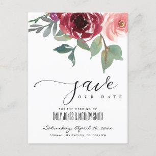RED MARSALA ROSE WATERCOLOR SAVE THE DATE ANKÜNDIGUNGSPOSTKARTE