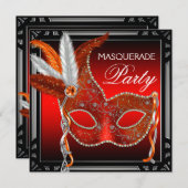 Red Mask Black Red Masquerade Party Einladung (Vorne/Hinten)
