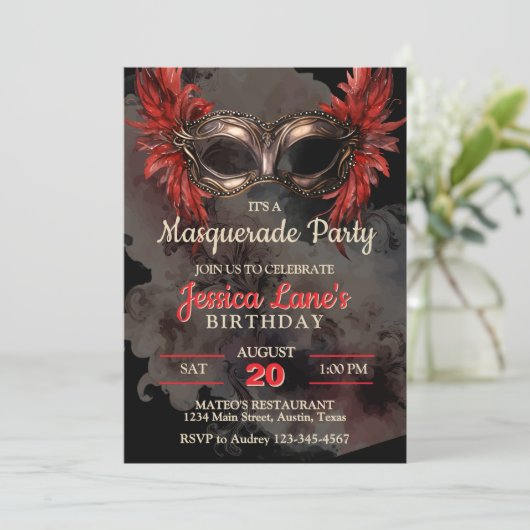 Red Mask Masquerade Party Geburtstag Einladung (Stehend Vorderseite)
