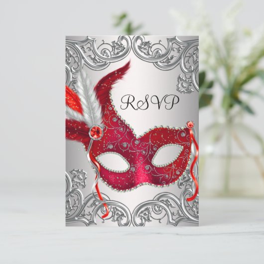 Red Mask Masquerade Party UAWG RSVP Karte (Stehend Vorderseite)