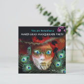 RED MASK PEACOCK FEATHERS GOLD MASQUERADE PARTY EINLADUNG (Stehend Vorderseite)