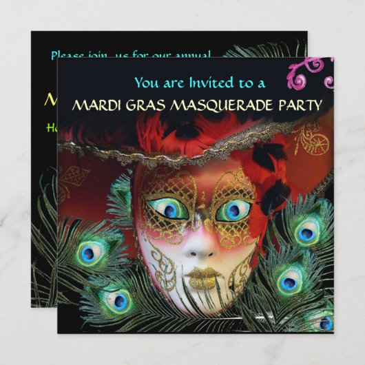 RED MASK with PEACOCK FEATHERS MASQUERADE PARTY Einladung (Vorne/Hinten)
