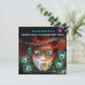 RED MASK with PEACOCK FEATHERS MASQUERADE PARTY Einladung (Stehend Vorderseite)