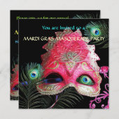 RED MASK with PEACOCK FEATHERS MASQUERADE PARTY Einladung (Vorne/Hinten)