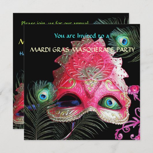 RED MASK with PEACOCK FEATHERS MASQUERADE PARTY Einladung (Vorne/Hinten)