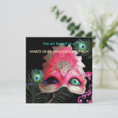 RED MASK with PEACOCK FEATHERS MASQUERADE PARTY Einladung (Stehend Vorderseite)