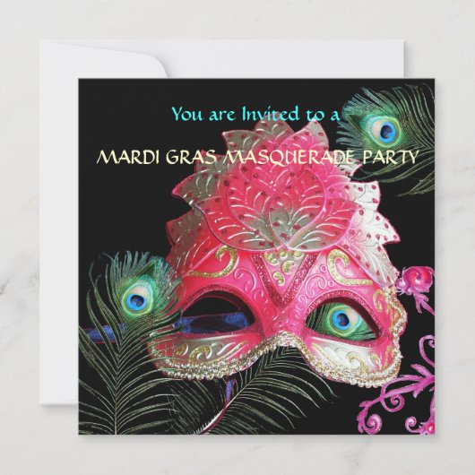 RED MASK with PEACOCK FEATHERS MASQUERADE PARTY Einladung (Vorderseite)