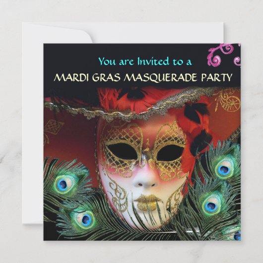 RED MASK with PEACOCK FEATHERS MASQUERADE PARTY Einladung (Vorderseite)