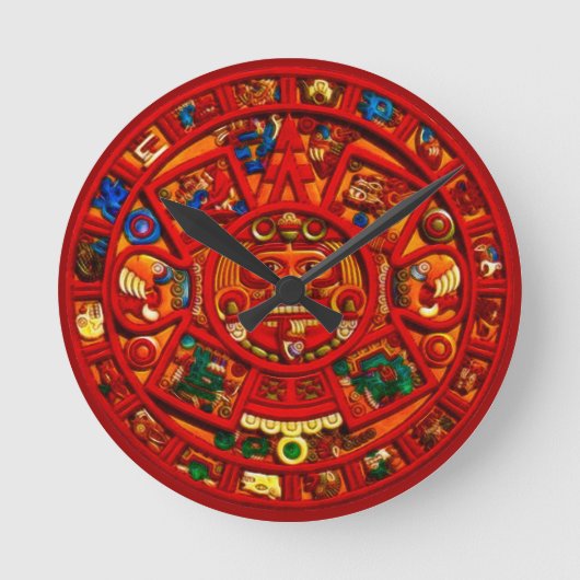 Red Mayan Sun Disk Aztec History Clock Runde Wanduhr (Vorderseite)
