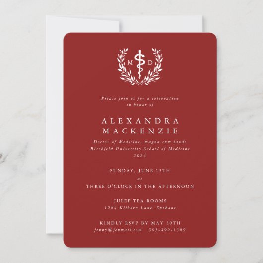 Red MD Asclepius + Laurel Wreath Abschluss Einladung (Vorderseite)