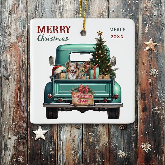 Red Merle Aussie Dog Retro Truck Weihnachten Keramikornament