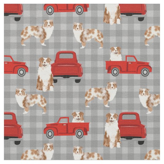 Red Merle Aussie und Red LKW kariert Stoff (Nahaufnahme)