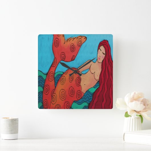 Red Mermaid Abstrakt Art Square Uhr (Zuhause)
