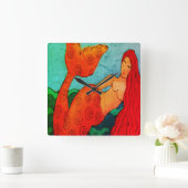Red Mermaid Abstrakte Kunst Quadratische Wanduhr (Zuhause)