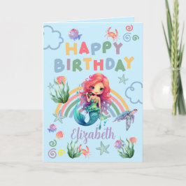 Red Mermaid Birthday Card in Blue Karte