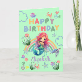 Red Mermaid Birthday Card in Green Karte
