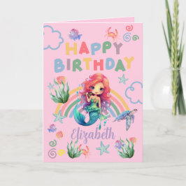 Red Mermaid Birthday Card in Pink Karte