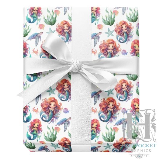 Red Mermaid Birthday Gift Wrap in White Geschenkpapier