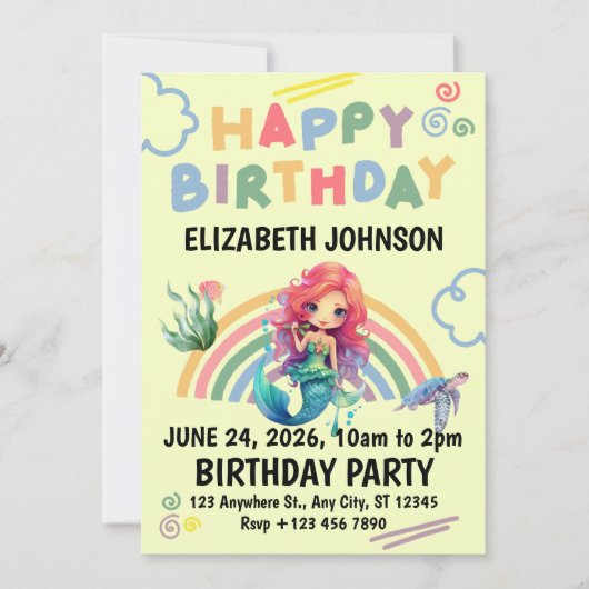 Red Mermaid Birthday Invitation in Yellow Einladung (Vorderseite)