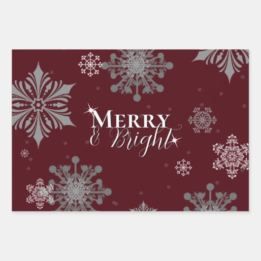 Red Merry and Bright Snowflakes Weihnachten Geschenkpapier Set (Vorderseite)