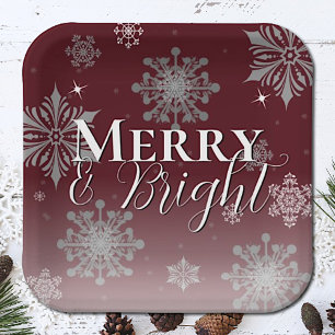 Red Merry and Bright Snowflakes Weihnachten Pappteller