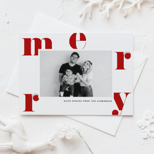 Red MERRY Bold Typografy Modern Foto Christmas Feiertagspostkarte