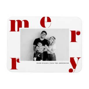 Red MERRY Bold Typografy Modern Foto Christmas Magnet