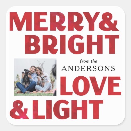 Red Merry Bright Liebe und Light Christmas Holiday Quadratischer Aufkleber (Vorderseite)