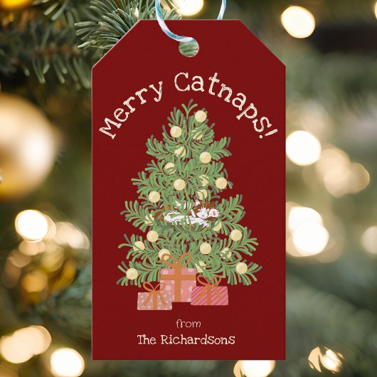 Red Merry Catnaps! Niedliche Katze auf Weihnachtsb Geschenkanhänger