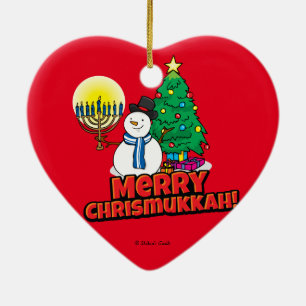 Red Merry Chrismukkkah mit Snowman und Menorah Keramikornament