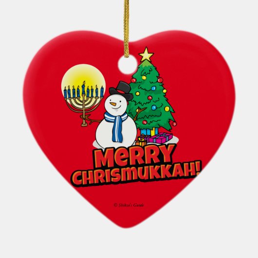Red Merry Chrismukkkah mit Snowman und Menorah Keramikornament (Hinten)