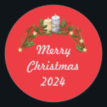 Red Merry Christmas 2024 Runder Aufkleber<br><div class="desc">Feiern Sie die Saison stilvoll mit diesem roten "Frohe Weihnachten 2024" Aufkleber! Mit einem festlichen Design,  das perfekt zum Verweilen von Urlaubsjubeln geeignet ist. Egal,  ob Sie Urlaubskarten dekorieren,  Geschenkverpackungen oder Ihren Planer personalisieren,  dieser Aufkleber fügt jeder Oberfläche eine Touch Weihnachtsmagie hinzu.</div>