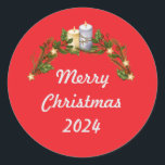 Red Merry Christmas 2024 Runder Aufkleber<br><div class="desc">Feiern Sie die Saison stilvoll mit diesem roten "Frohe Weihnachten 2024" Aufkleber! Mit einem festlichen Design,  das perfekt zum Verweilen von Urlaubsjubeln geeignet ist. Egal,  ob Sie Urlaubskarten dekorieren,  Geschenkverpackungen oder Ihren Planer personalisieren,  dieser Aufkleber fügt jeder Oberfläche eine Touch Weihnachtsmagie hinzu.</div>