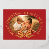 Red Merry Christmas Bow Gold Foil Weihnachtskarte Folieneinladung (Vorderseite)