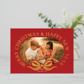 Red Merry Christmas Bow Gold Foil Weihnachtskarte Folieneinladung (Stehend vorne)