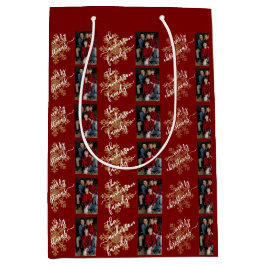 Red Merry Christmas Calligraphy Family 2 Photo Mittlere Geschenktüte