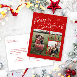 Red Merry Christmas Calligraphy Script 3 Foto Feiertagspostkarte<br><div class="desc">Red Merry Weihnachtskalligrafie Script 3 Foto Holiday Postcard verfügt über moderne Kalligrapie-Skript auf der Vorderseite,  zusammen mit drei Fotos,  und Ihre Familienbotschaft auf der Rückseite.</div>