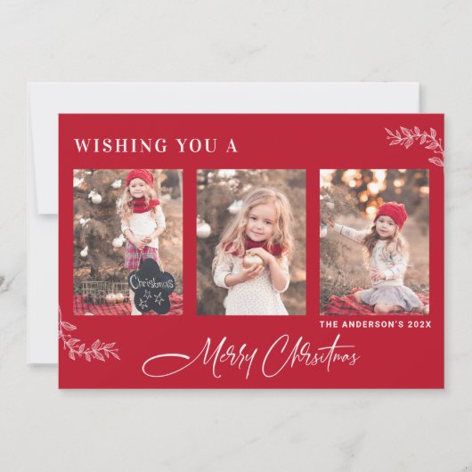 Red Merry Christmas Foto Card mit Leaf Motif Einladung (Vorderseite)