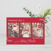 Red Merry Christmas Foto Card mit Leaf Motif Einladung (Stehend Vorderseite)