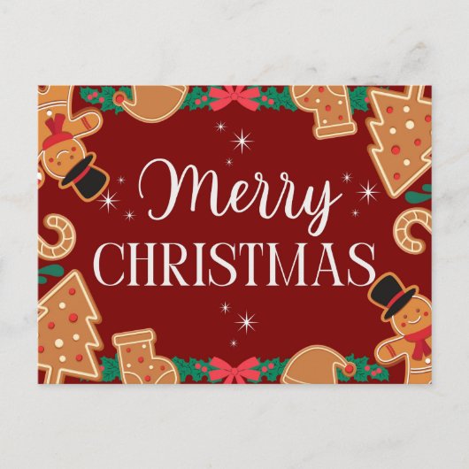 Red Merry Christmas Gingerbread Feiertagspostkarte (Vorderseite)